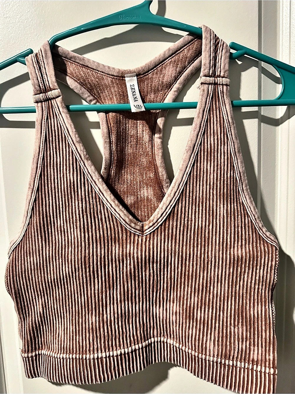 ZENANA Ribbed Racerback Crop Tank in distressed brown Size Large/XL Like New